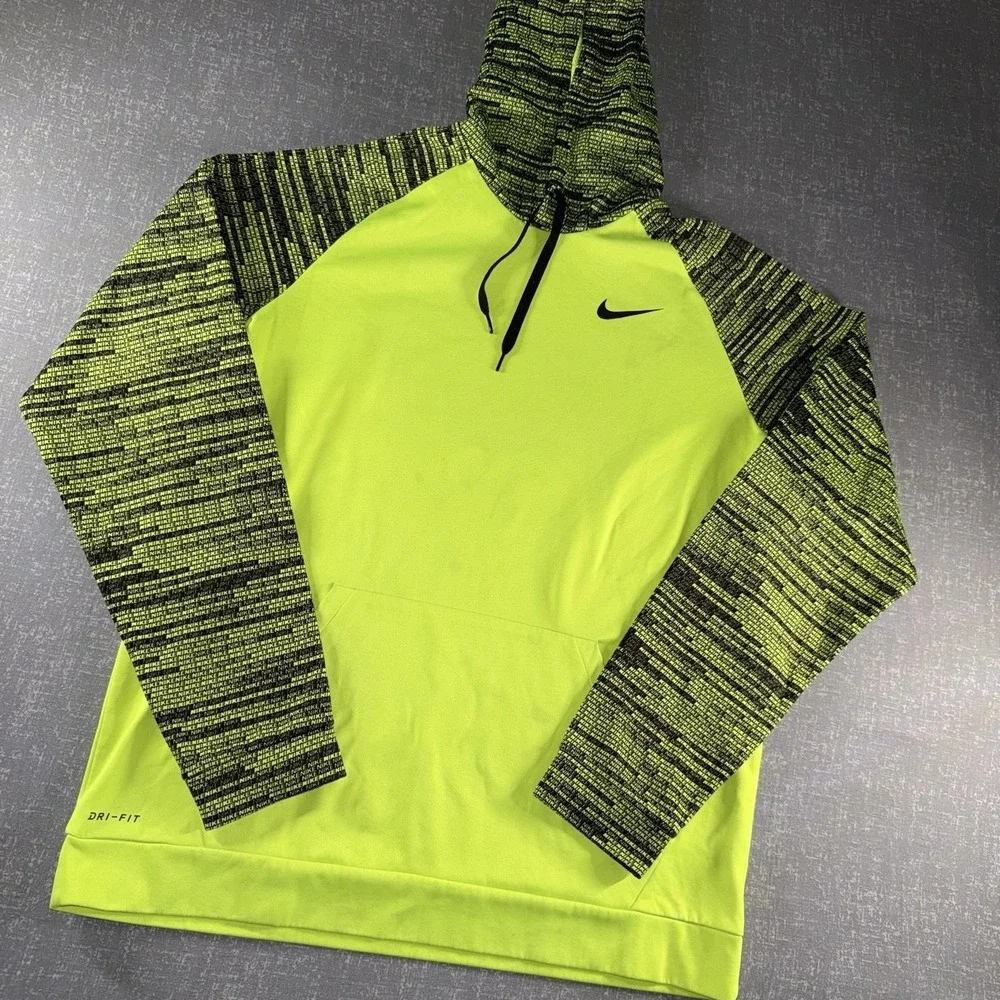 Nike Hoodie Mens XLT Yellow Dri-FIT Fleece Pullover Kangaroo Pocket Swoosh Logo